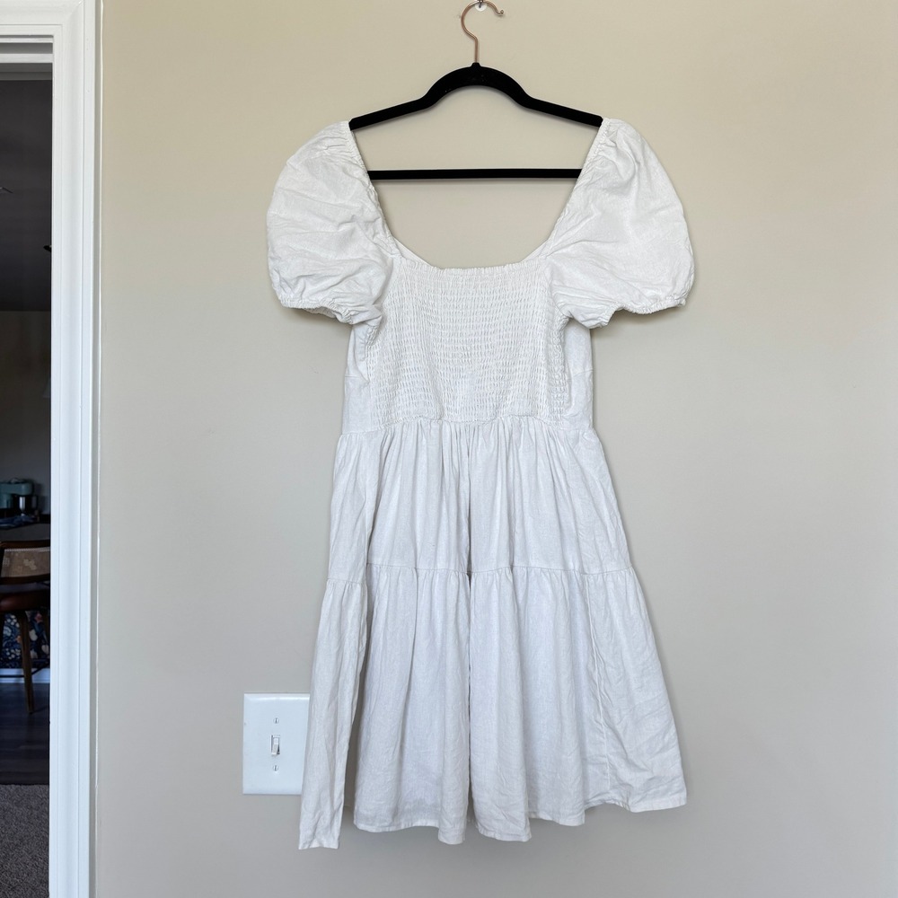 House of Harlow 1960 White Linen Blend Puff Sleeve Tiered Mini Dress Small